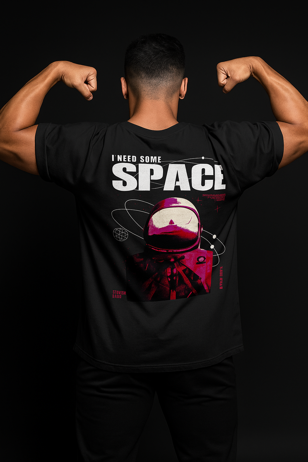 Person wearing a black t-shirt with 'I Need Some Space' text and astronaut graphic on the back.
Krypton Oversize tee 100% Cotton india online