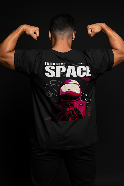 Person wearing a black t-shirt with 'I Need Some Space' text and astronaut graphic on the back.
Krypton Oversize tee 100% Cotton india online