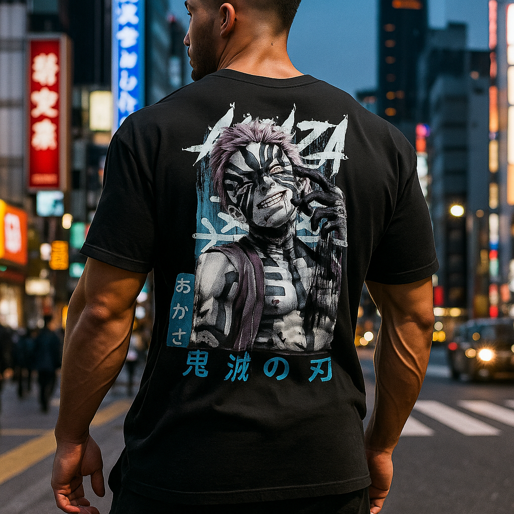 Oversized white cotton T-shirt with Akaza anime graphic print on the back – Krypton Studio streetwear.
Person wearing a black t-shirt with a graphic design on the back in an urban setting.