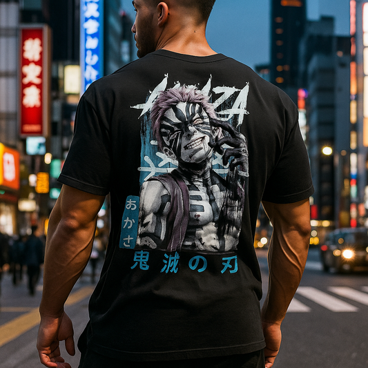 Oversized white cotton T-shirt with Akaza anime graphic print on the back – Krypton Studio streetwear.
Person wearing a black t-shirt with a graphic design on the back in an urban setting.