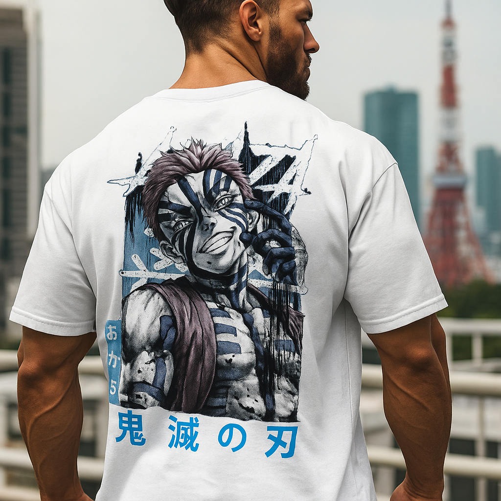 Close-up of anime-inspired Akaza graphic print on Krypton Studio oversized cotton T-shirt.

Person wearing a white t-shirt with a graphic design in front of the Tokyo Tower.