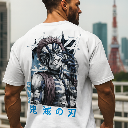 Close-up of anime-inspired Akaza graphic print on Krypton Studio oversized cotton T-shirt.

Person wearing a white t-shirt with a graphic design in front of the Tokyo Tower.