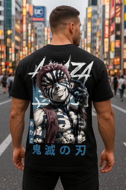 Streetwear oversized white T-shirt with detailed Akaza illustration – Krypton Studio unisex fashion.

Person wearing a black t-shirt with a graphic design in an urban setting