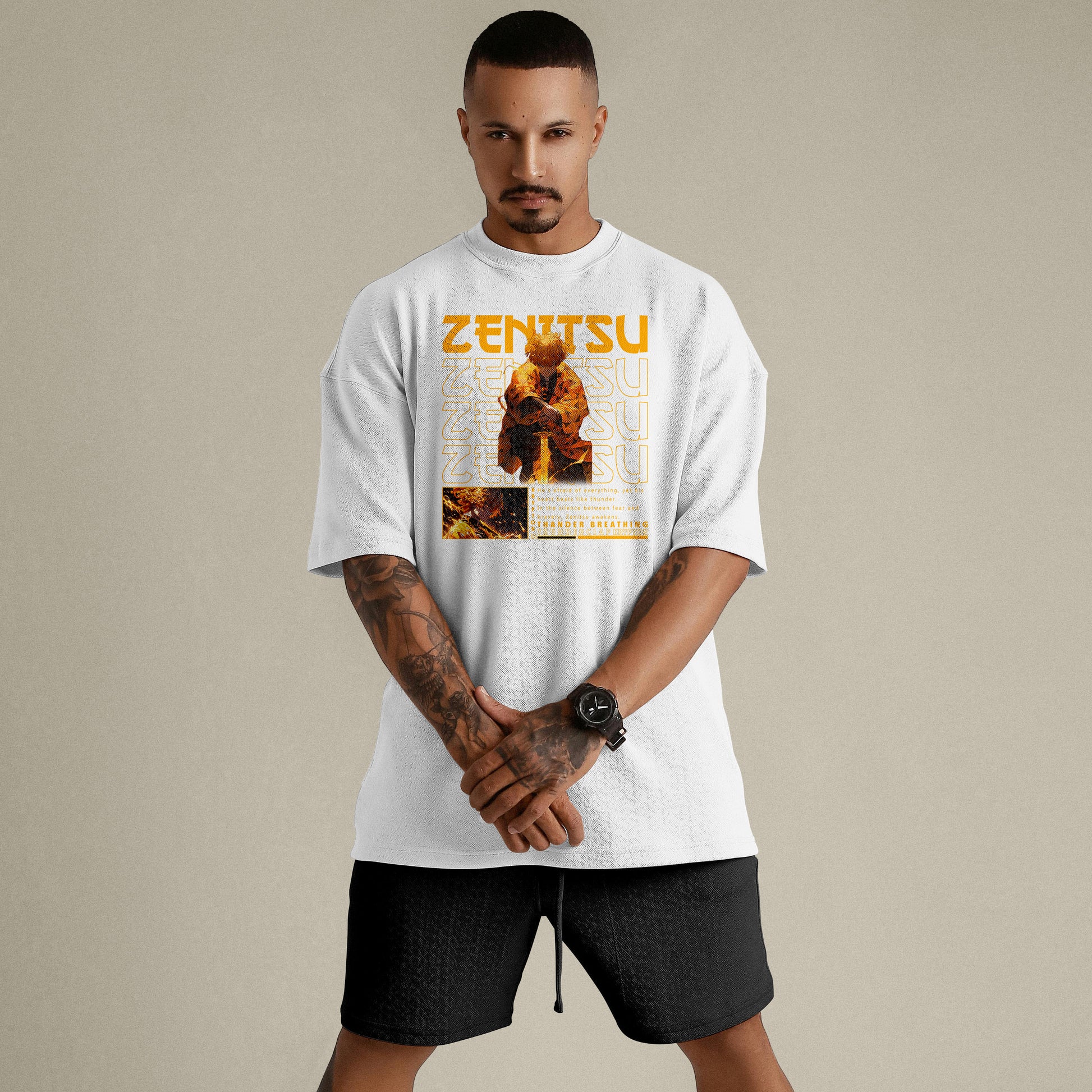 Model wearing Zenitsu Oversized White T-Shirt – Krypton Studio Anime Streetwear