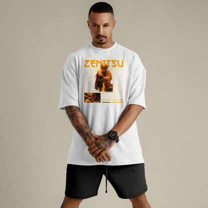 Model wearing Zenitsu Oversized White T-Shirt – Krypton Studio Anime Streetwear