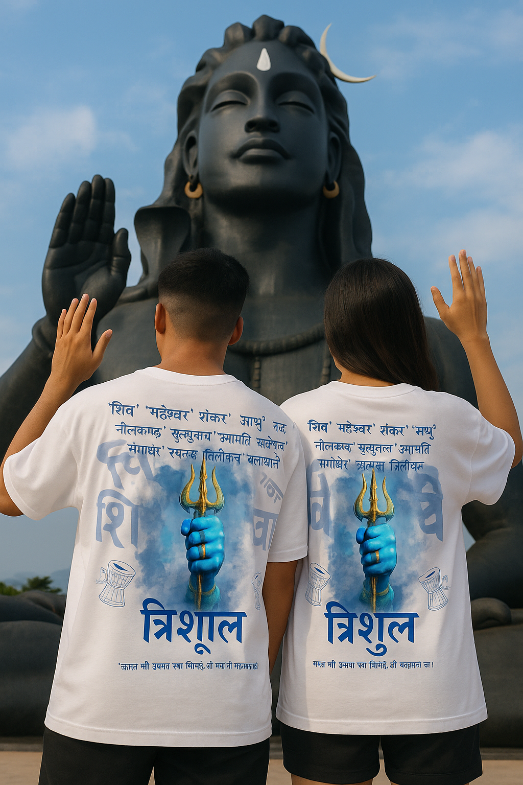Two people wearing white t-shirts with blue Shiva graphics and text in front of a large Shiva statue.

White Unisex oversize T-shirt 240 GM 100% cotton, Krypton Studio India Online
