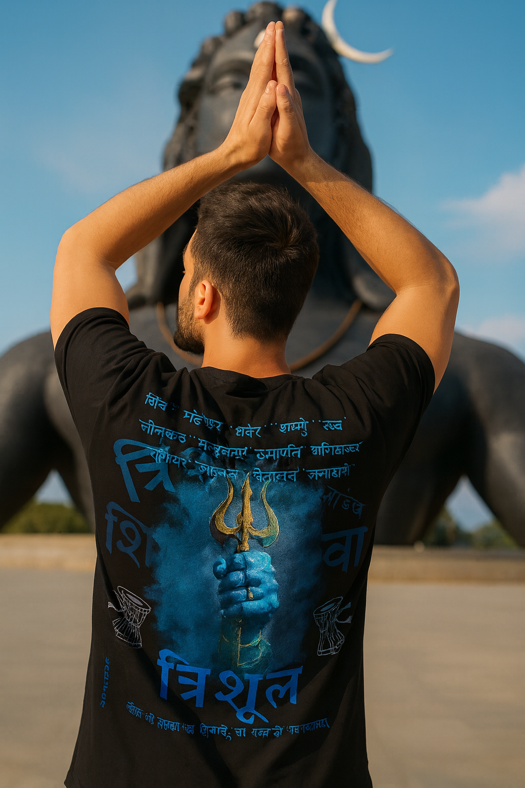 Person wearing a black t-shirt with blue Shiva design in front of a large lord shiva statue.

black oversize T-shirt 240 GM 100% cotton, Krypton Studio India Online