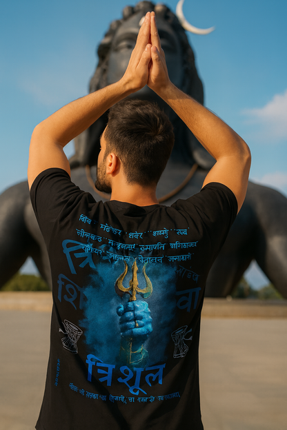 Person wearing a black t-shirt with blue Shiva design in front of a large lord shiva statue.

black oversize T-shirt 240 GM 100% cotton, Krypton Studio India Online