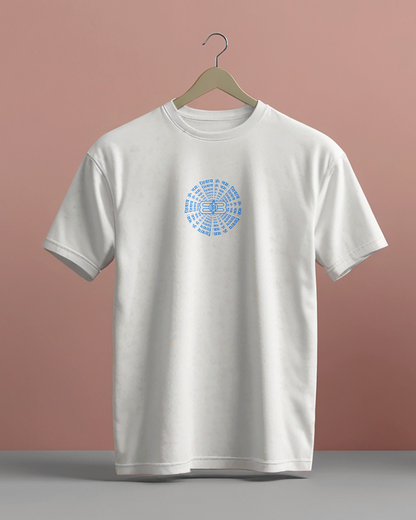 White t-shirt with blue Shivay design on a hanger against a pink background

White Unisex oversize T-shirt 240 GM 100% cotton, Krypton Studio India Online