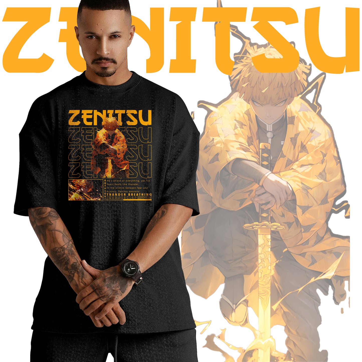 Zenitsu Thunder Breathing Oversized T-Shirt in Black – Anime Streetwear by Krypton Studio
