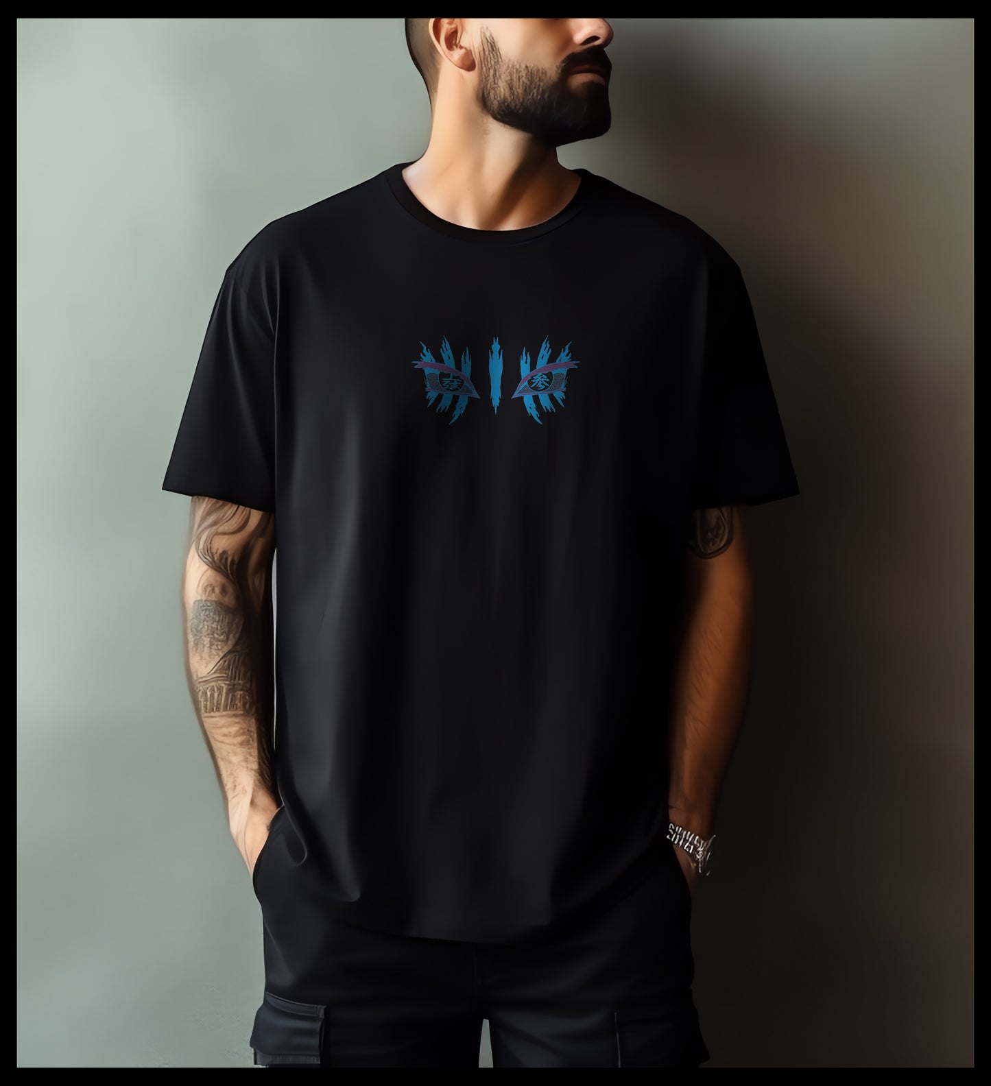 Model wearing Krypton Studio oversized anime T-shirt with bold Akaza back print in white cotton.

Person wearing a black t-shirt with blue graphic design against a plain background